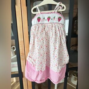 Strawberries smocked dress floral patchwork bows straps toddler girl embroidered